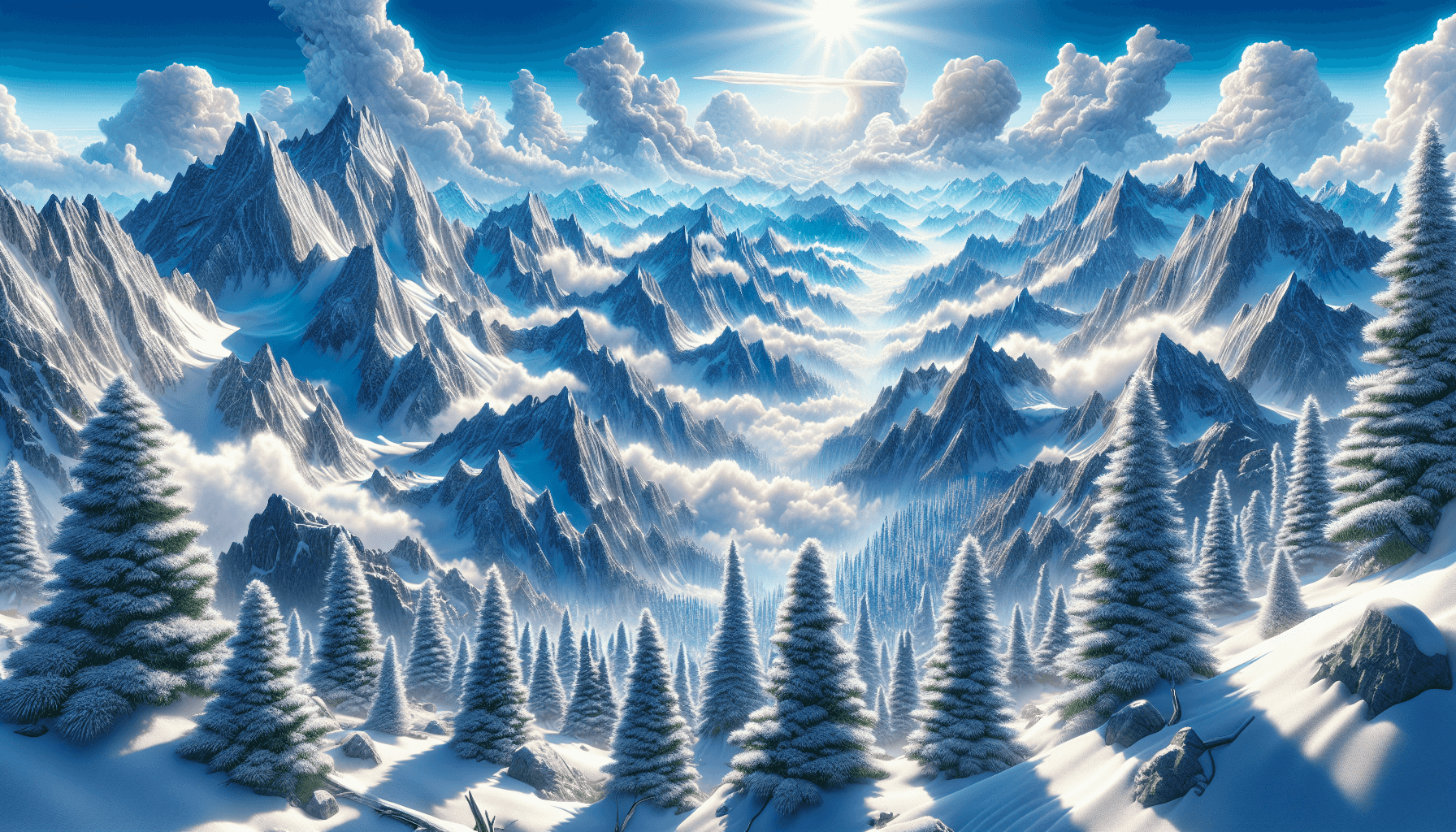 Flying over snowy mountains